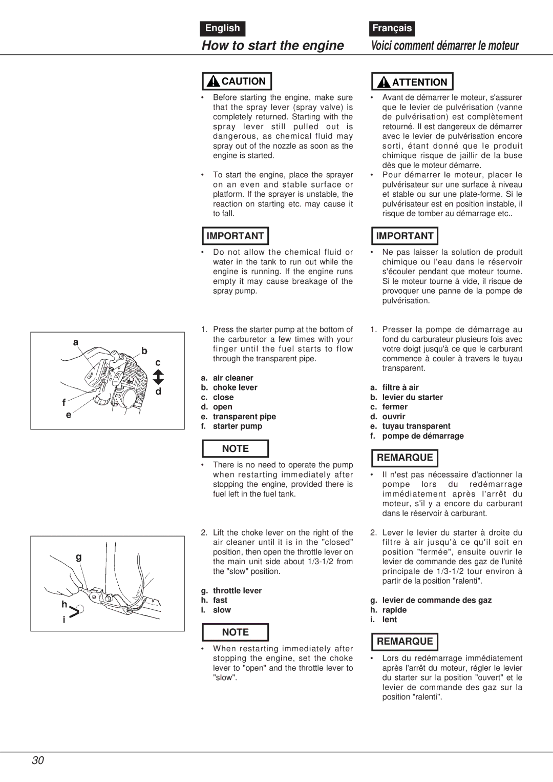 Zenoah NS531 manual How to start the engine, Throttle lever Fast Slow, Levier de commande des gaz Rapide Lent 