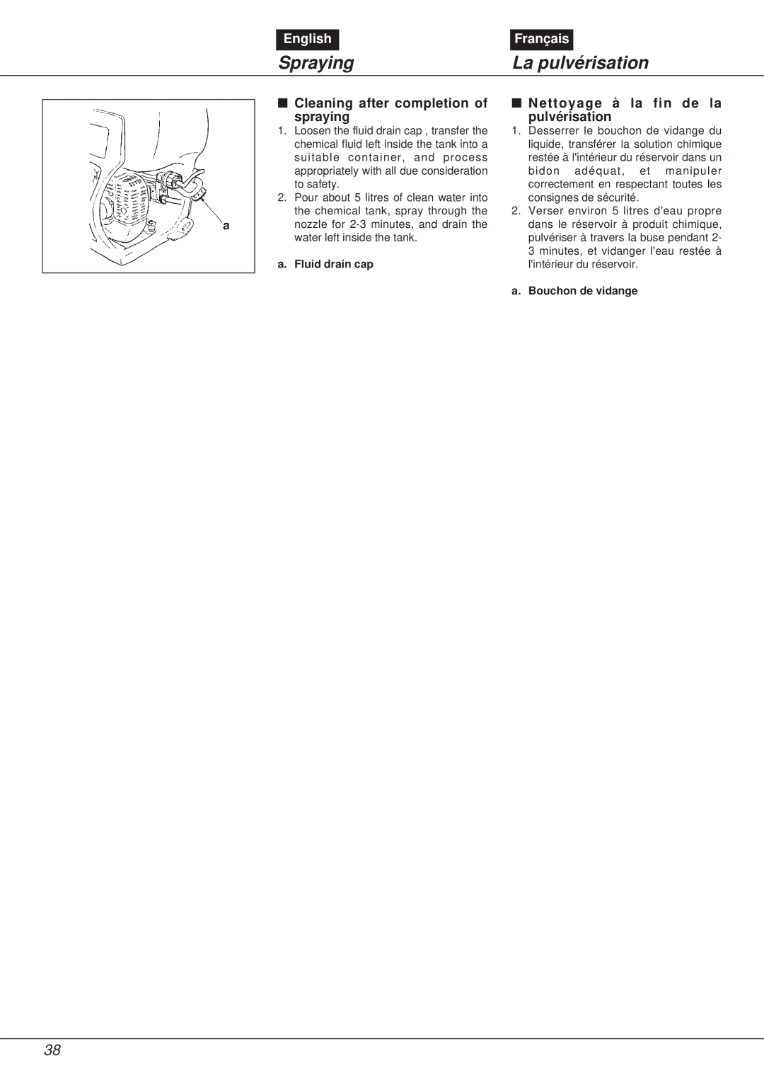 Zenoah NS531 manual Cleaning after completion of spraying, Nettoyage à la fin de la pulvérisation, Fluid drain cap 