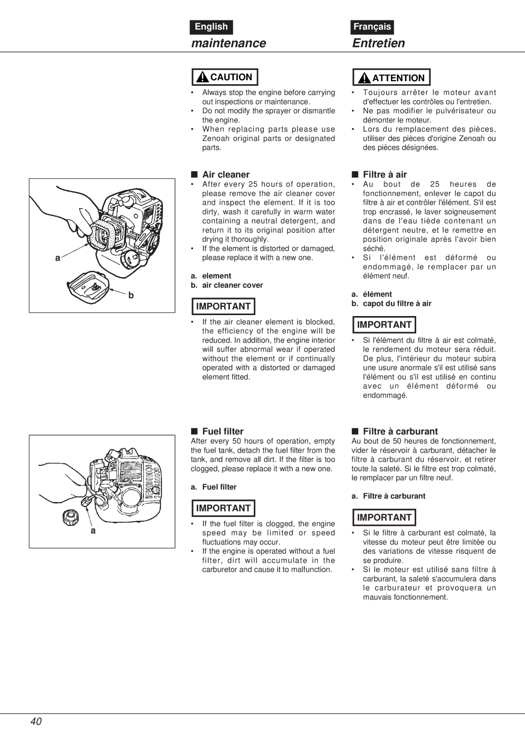 Zenoah NS531 manual Maintenance, Entretien 