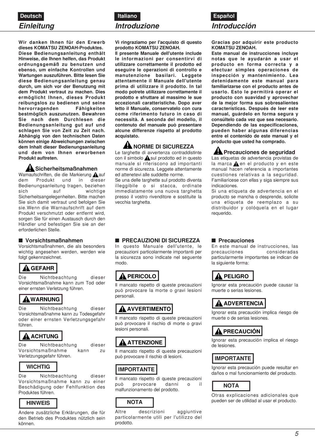 Zenoah NS531 manual Einleitung, Introduzione, Introducción, Vorsichtsmaßnahmen, Precauciones 