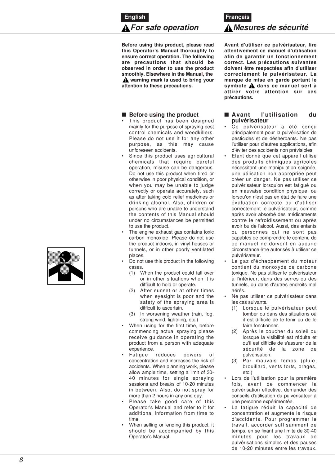 Zenoah NS531 manual For safe operation, Before using the product, Avant lutilisation du pulvérisateur 