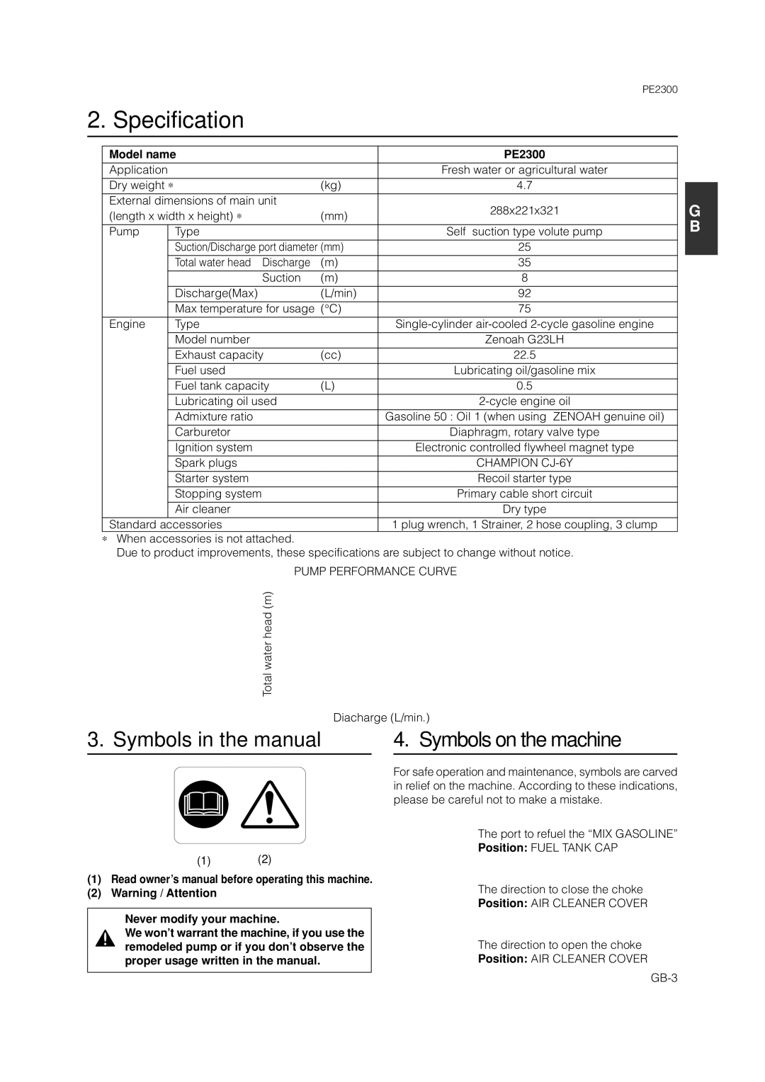 Zenoah owner manual Specification, Model name PE2300 