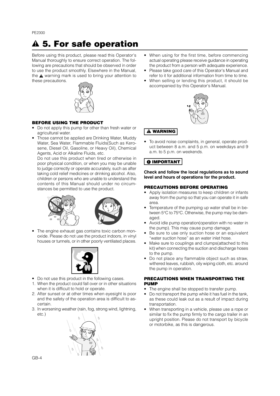 Zenoah PE2300 owner manual For safe operation, Before Using the Product, Precautions Before Operating 