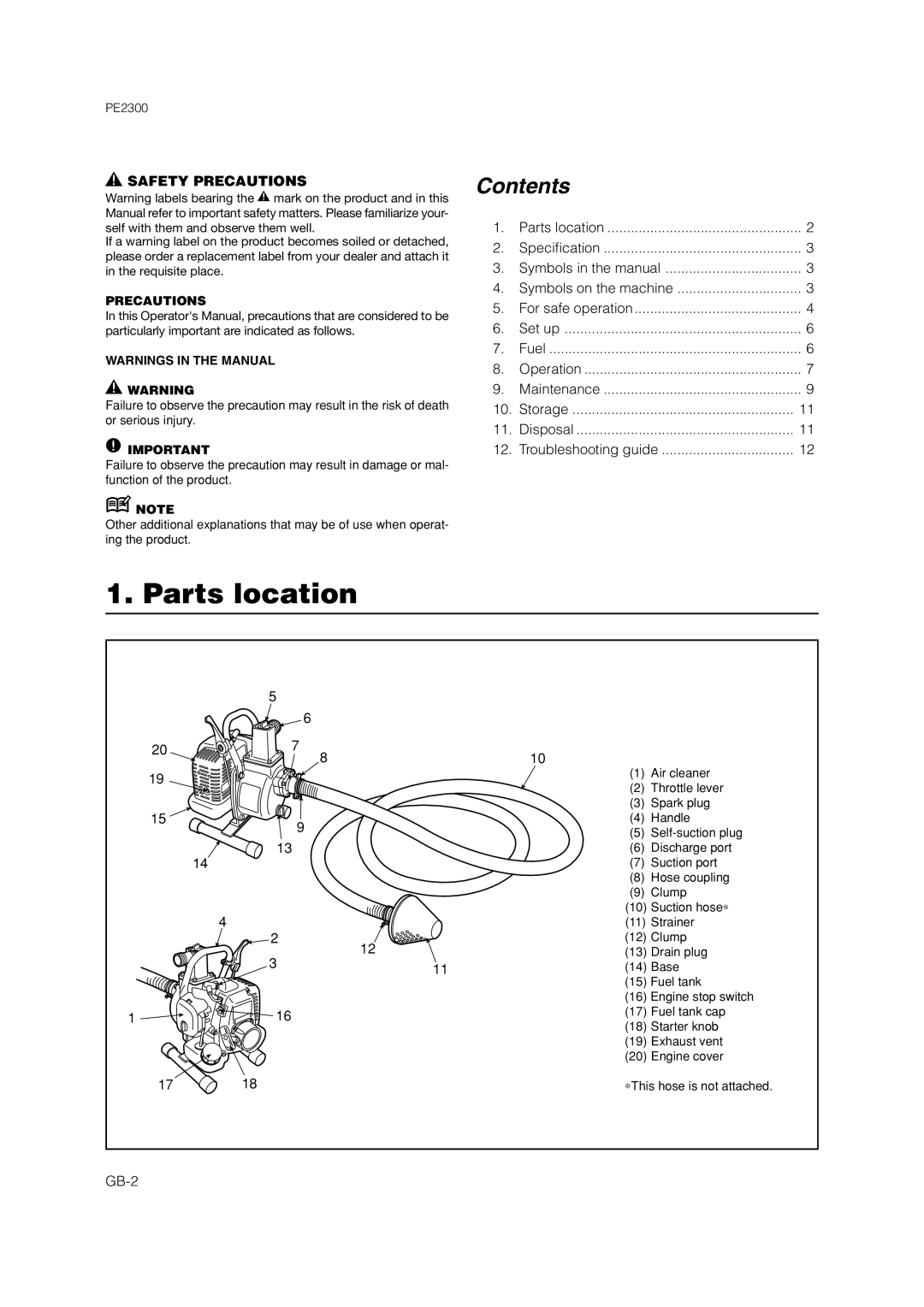 Zenoah PE2300 owner manual Parts location, Safety Precautions, Contents 