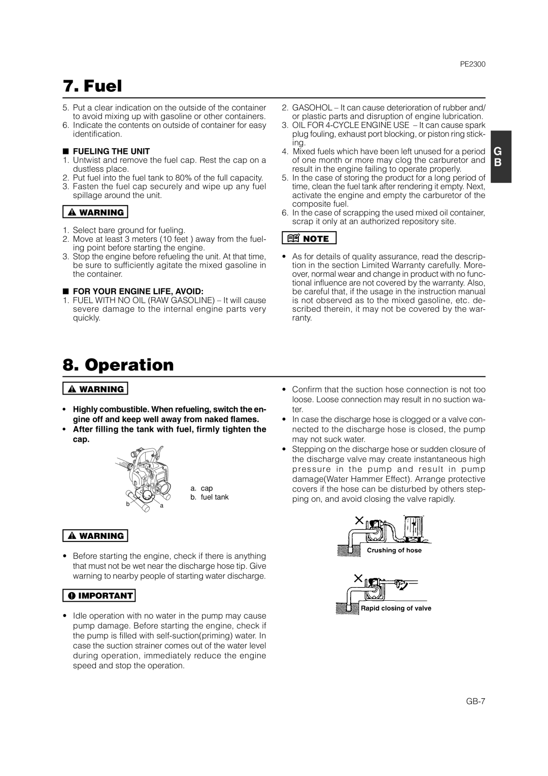 Zenoah PE2300 owner manual Operation, Fueling The Unit, For Your Engine Life, Avoid 