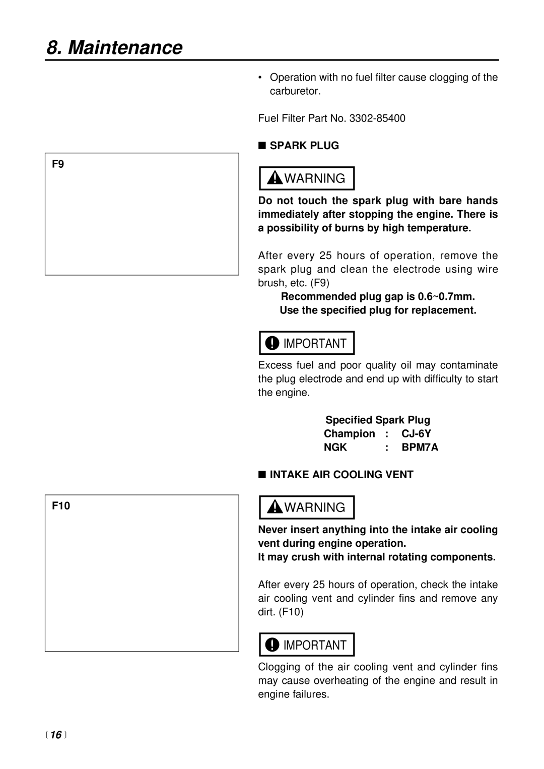 Zenoah PE2500H manual F10, Specified Spark Plug Champion CJ-6Y, NGK BPM7A Intake AIR Cooling Vent 