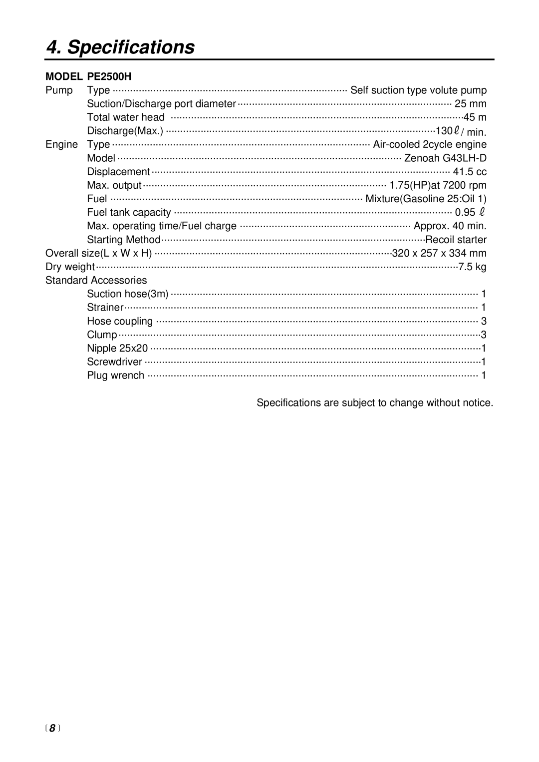 Zenoah manual Specifications, Model PE2500H 