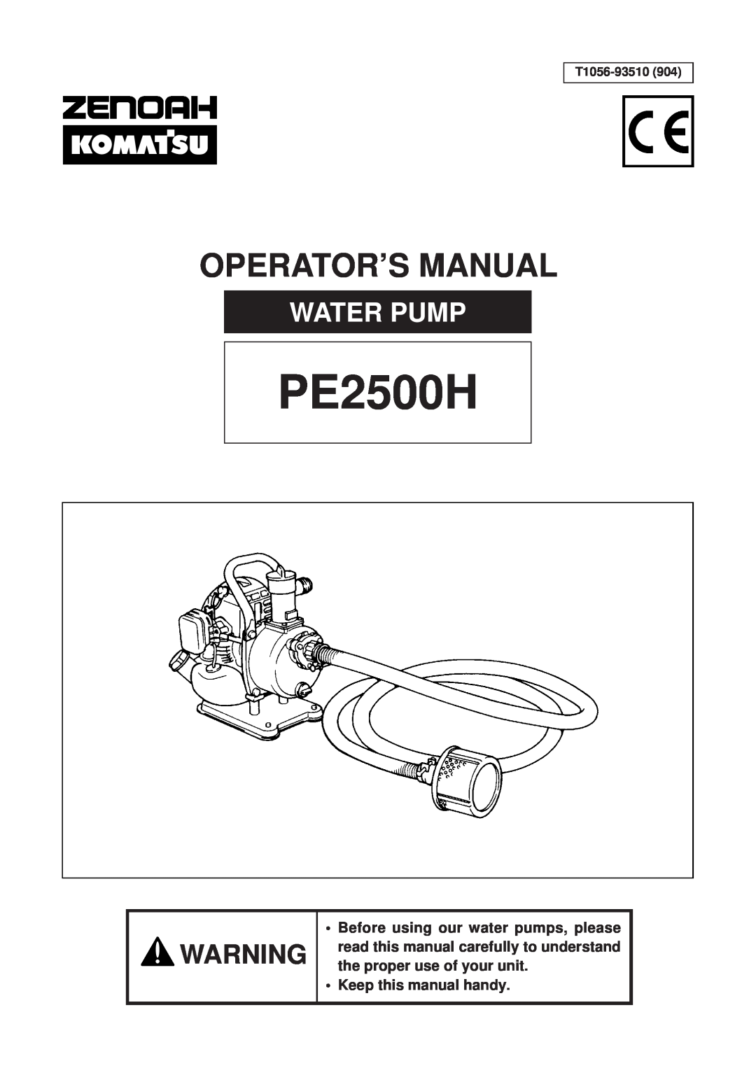 Zenoah PE2500H manual Operator’S Manual, Water Pump, T1056-93510904 