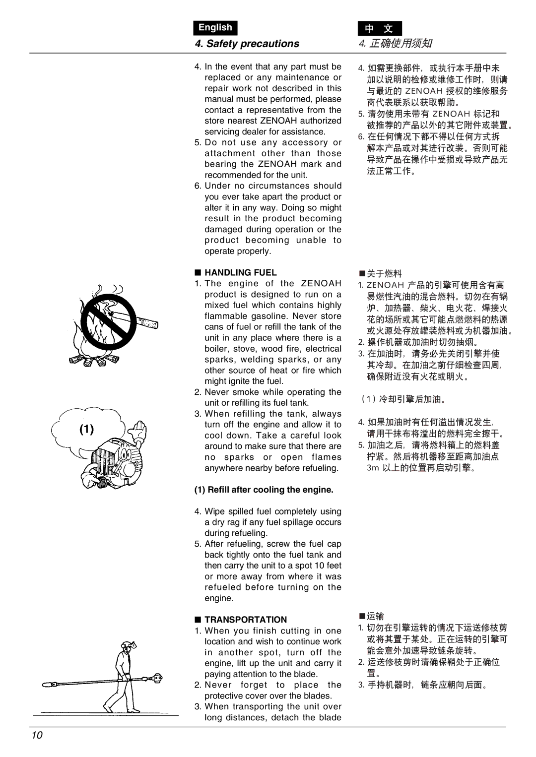 Zenoah PSJ2300 owner manual Handling Fuel, Refill after cooling the engine, Transportation 
