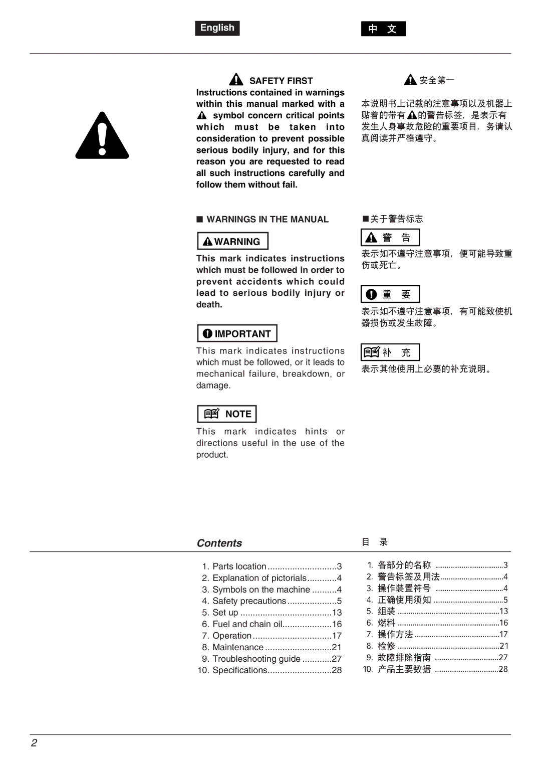 Zenoah PSJ2300 owner manual Contents 