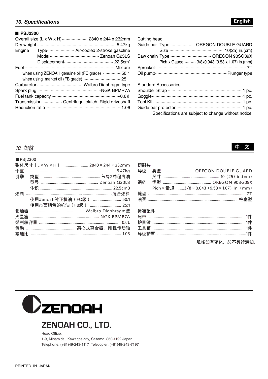 Zenoah PSJ2300 owner manual Specifications 