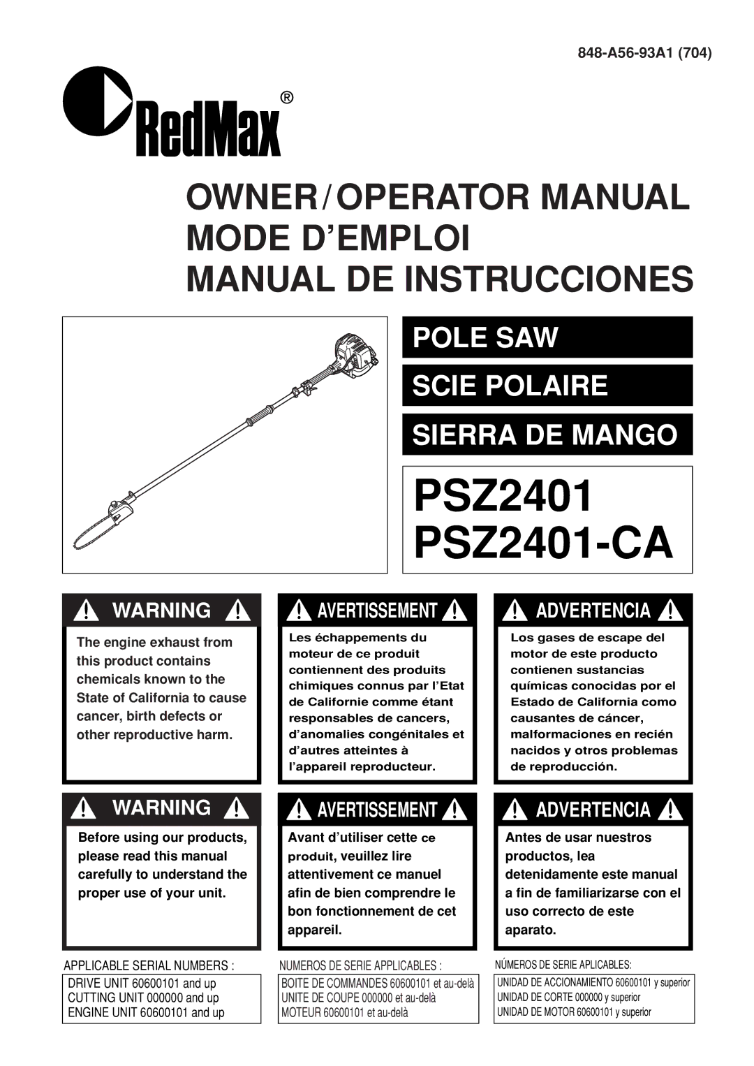 Zenoah PSZ2401, PSZ2401-CA, PSZ2401-CA, PSZ2401 manual PSZ2401 PSZ2401-CA 