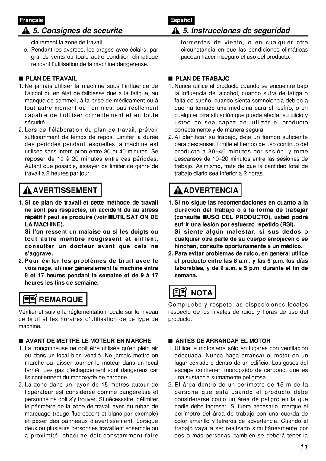 Zenoah PSZ2401, PSZ2401-CA manual Plan DE Travail, Plan DE Trabajo, LA Machine, Avant DE Mettre LE Moteur EN Marche 