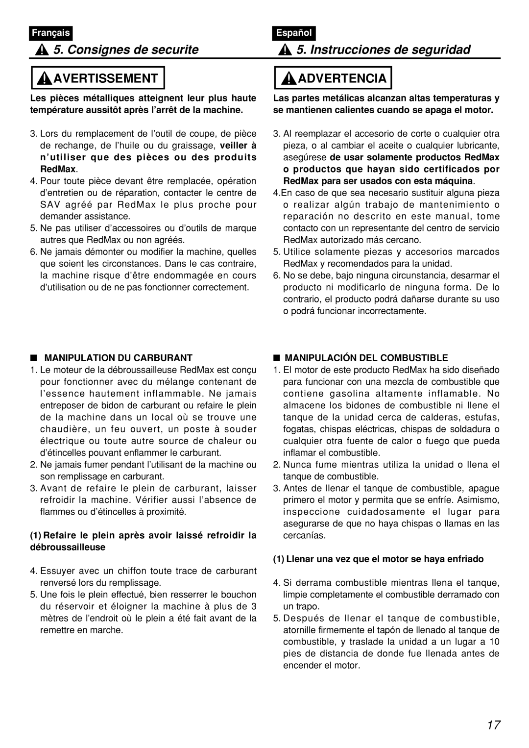 Zenoah PSZ2401, PSZ2401-CA, PSZ2401-CA, PSZ2401 manual Manipulation DU Carburant, Manipulación DEL Combustible 