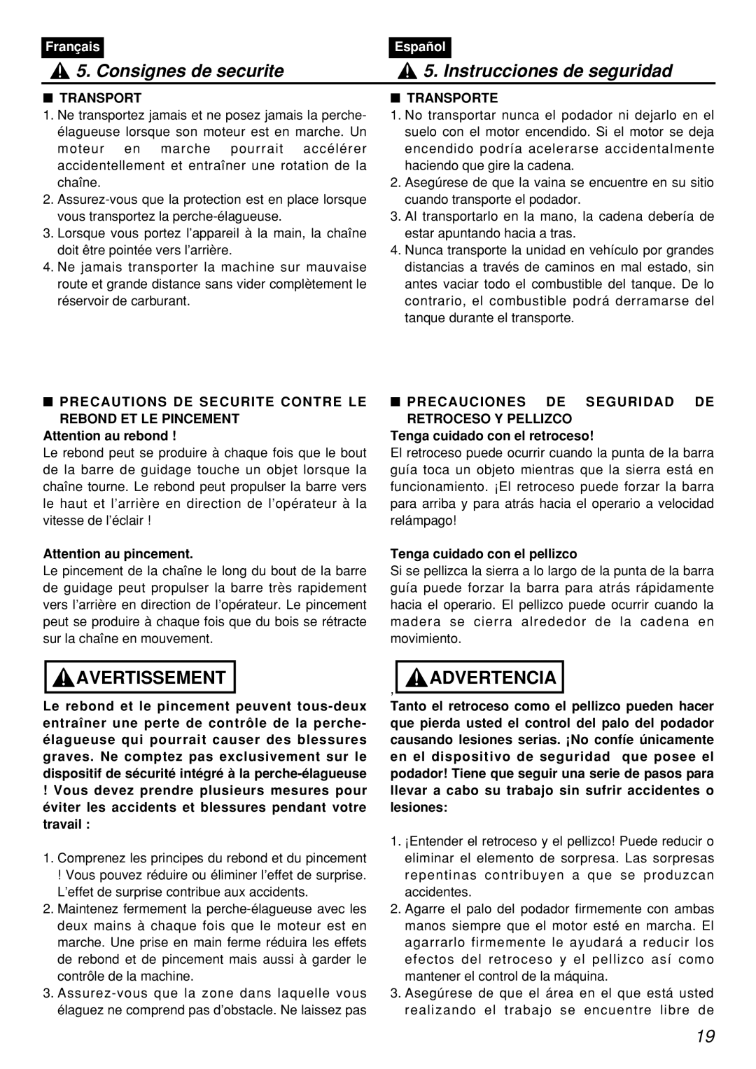 Zenoah PSZ2401, PSZ2401-CA manual Precautions DE Securite Contre LE Rebond ET LE Pincement, Precauciones DE Seguridad DE 