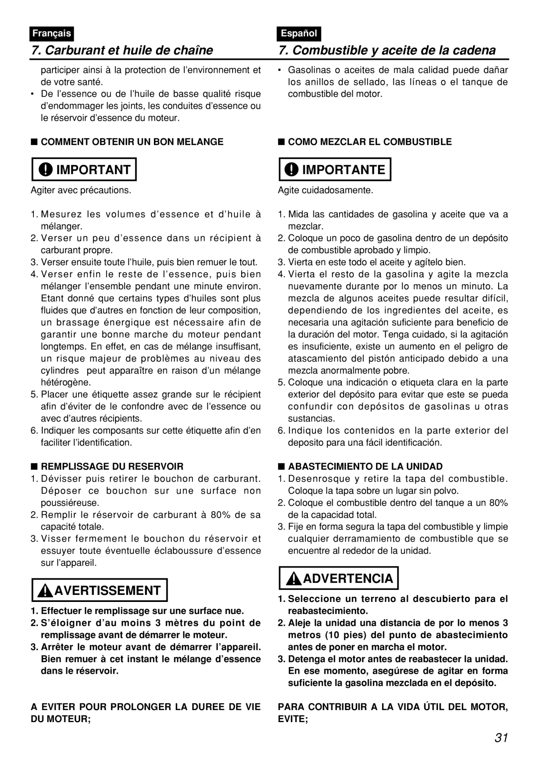 Zenoah PSZ2401, PSZ2401-CA manual Comment Obtenir UN BON Melange Como Mezclar EL Combustible, Remplissage DU Reservoir 