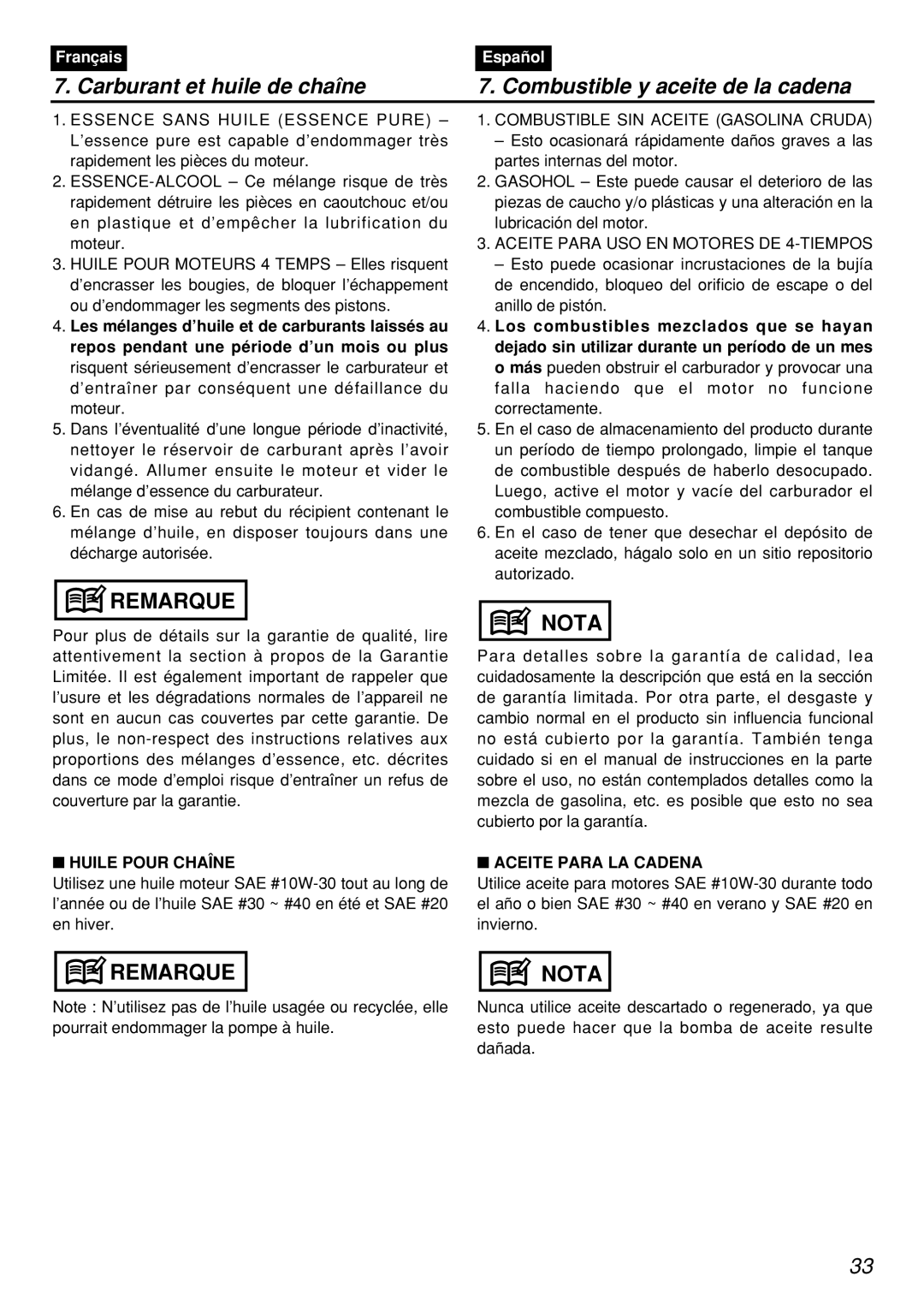 Zenoah PSZ2401, PSZ2401-CA, PSZ2401-CA, PSZ2401 manual Huile Pour Chaîne, Aceite Para LA Cadena 