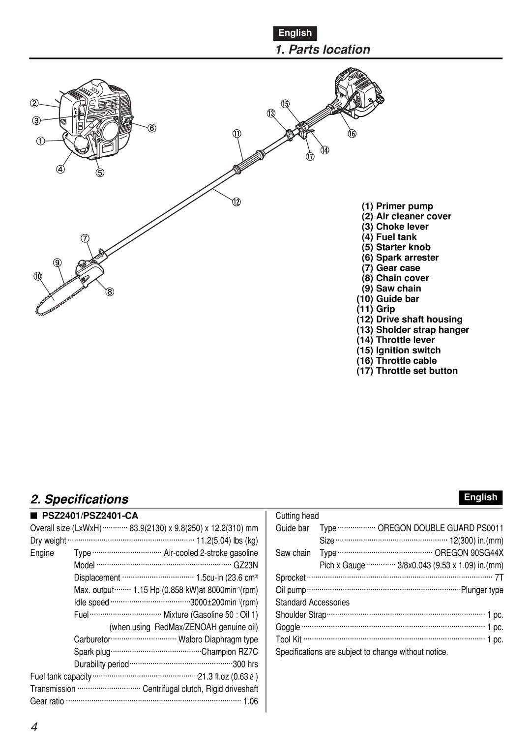 Zenoah PSZ2401-CA, PSZ2401, PSZ2401, PSZ2401-CA manual Parts location, Specifications, PSZ2401/PSZ2401-CA 