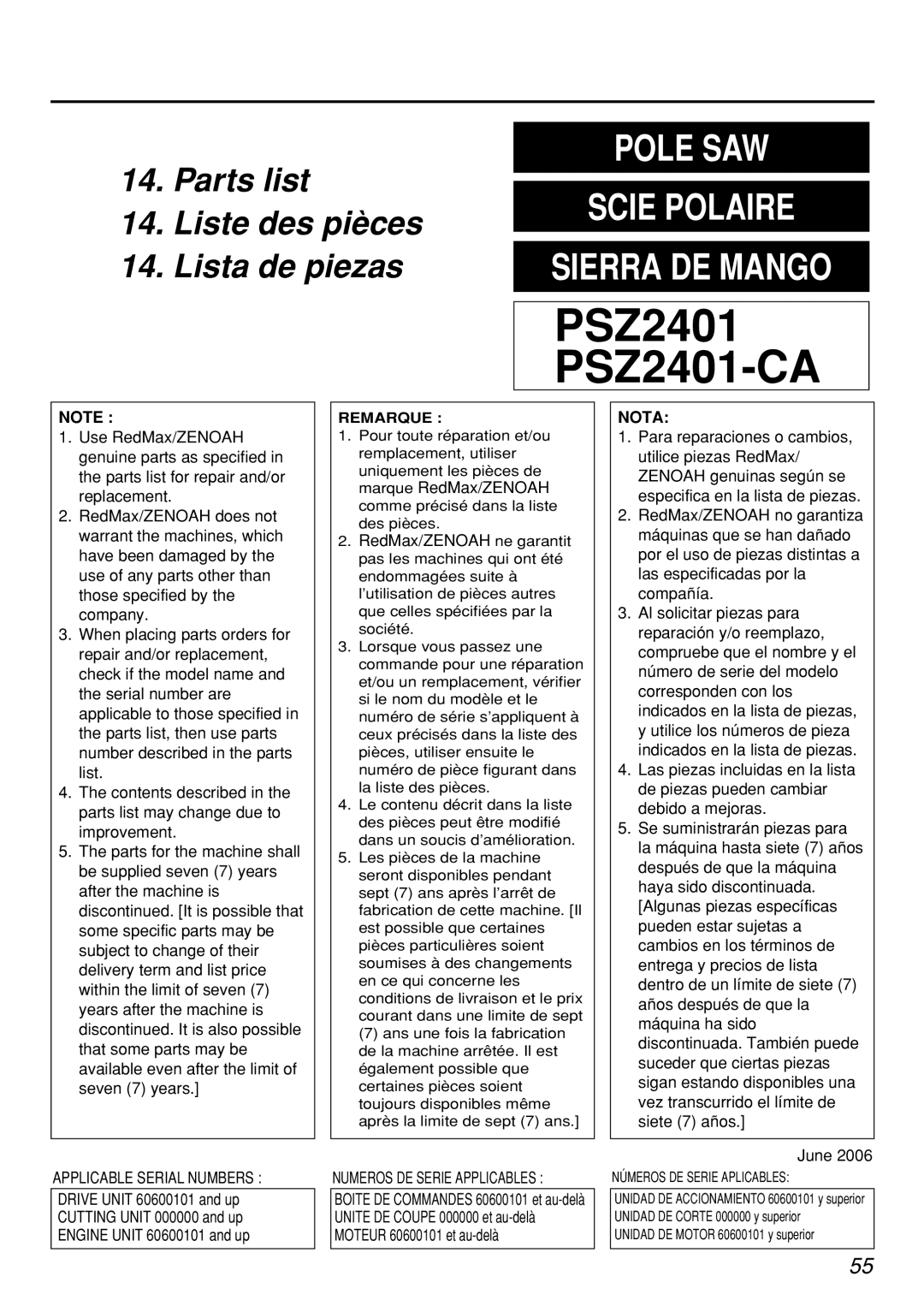 Zenoah PSZ2401, PSZ2401-CA, PSZ2401-CA, PSZ2401 manual PSZ2401 PSZ2401-CA, Nota 