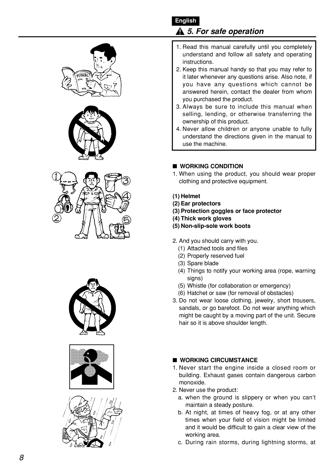 Zenoah PSZ2401-CA, PSZ2401, PSZ2401, PSZ2401-CA manual For safe operation, Working Condition, Working Circumstance 