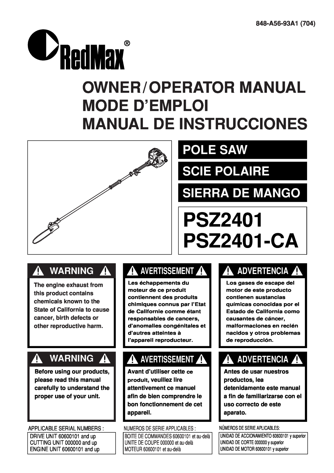 Zenoah PSZ2401, PSZ2401-CA manual PSZ2401 PSZ2401-CA, Owner/Operator Manual Mode D’Emploi, Manual De Instrucciones 
