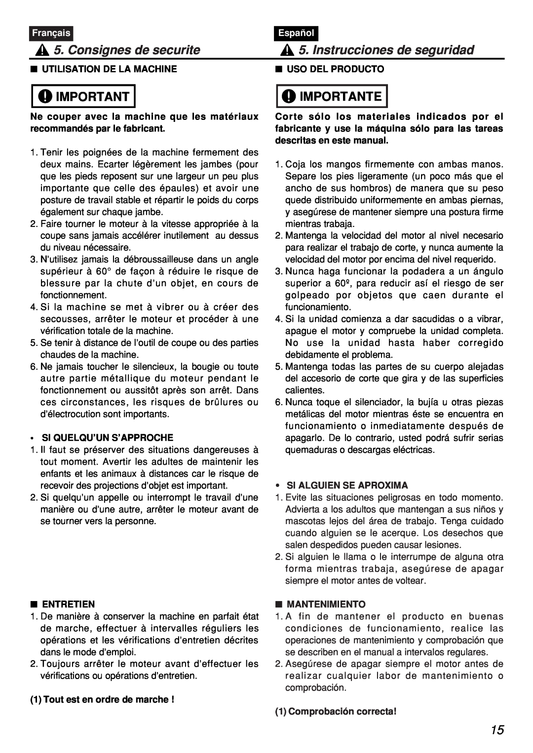 Zenoah PSZ2401, PSZ2401-CA manual Consignes de securite, Instrucciones de seguridad, Importante, Français, Español 