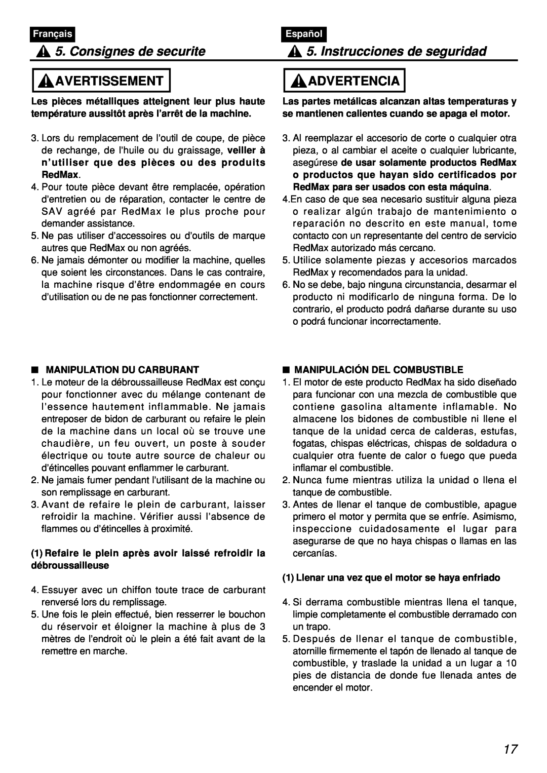 Zenoah PSZ2401, PSZ2401-CA manual Consignes de securite, Instrucciones de seguridad, Avertissement, Advertencia, Français 