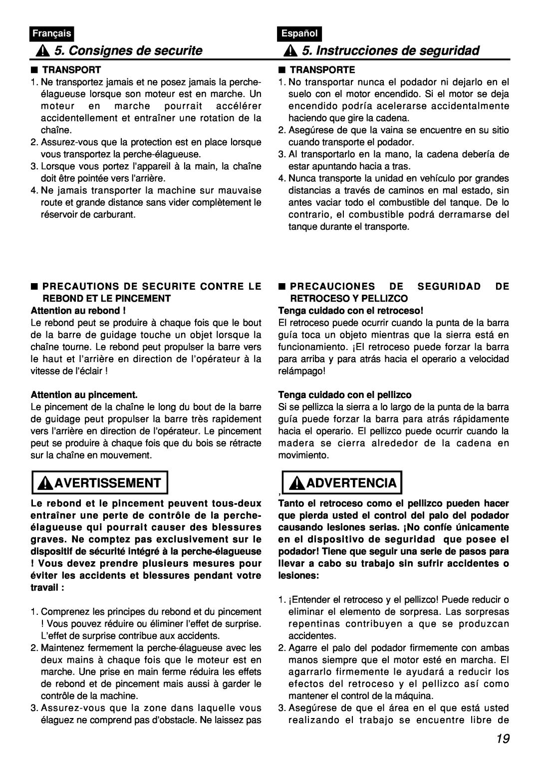 Zenoah PSZ2401, PSZ2401-CA manual Consignes de securite, Instrucciones de seguridad, Avertissement, Advertencia, Français 