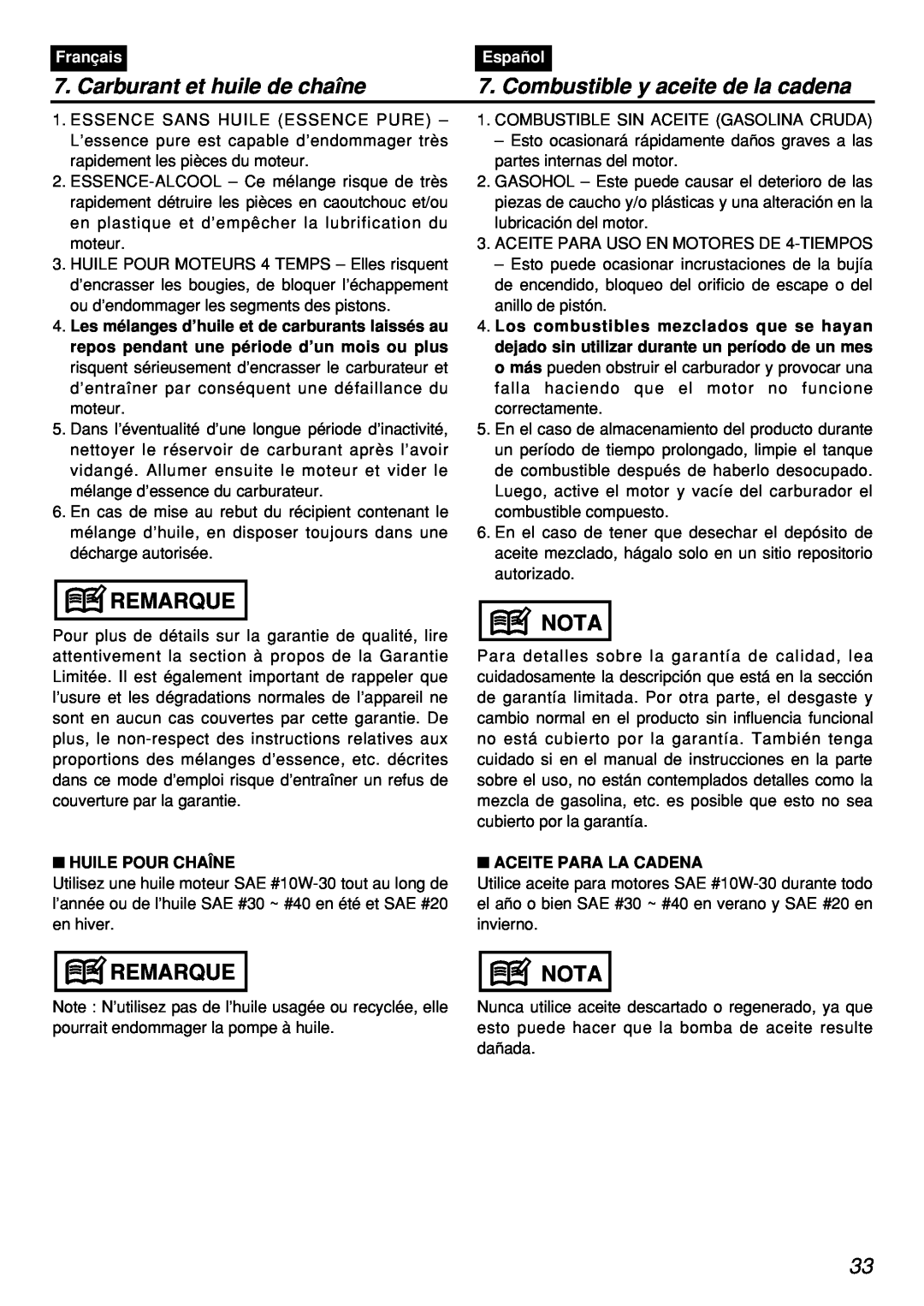 Zenoah PSZ2401, PSZ2401-CA manual Carburant et huile de chaîne, Combustible y aceite de la cadena, Remarque, Nota, Français 