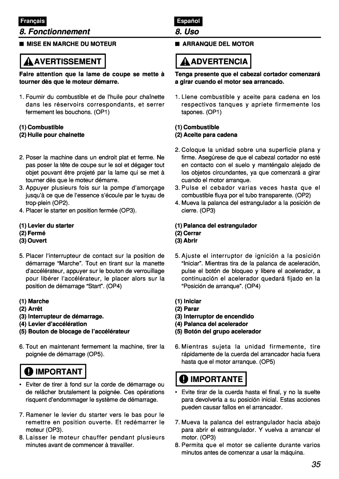 Zenoah PSZ2401, PSZ2401-CA manual Fonctionnement, Uso, Avertissement, Advertencia, Importante, Français, Español 