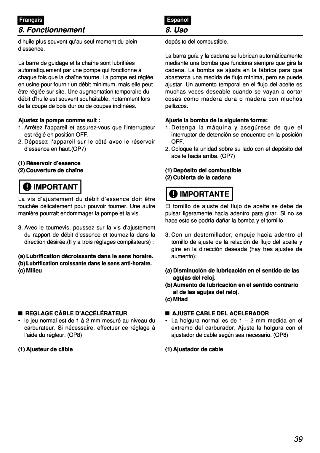Zenoah PSZ2401, PSZ2401-CA, PSZ2401-CA, PSZ2401 manual Fonctionnement, Uso, Importante, Français, Español 