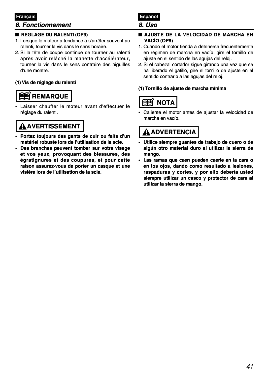 Zenoah PSZ2401, PSZ2401-CA manual Fonctionnement, Uso, Remarque, Avertissement, Nota, Advertencia, Français, Español 