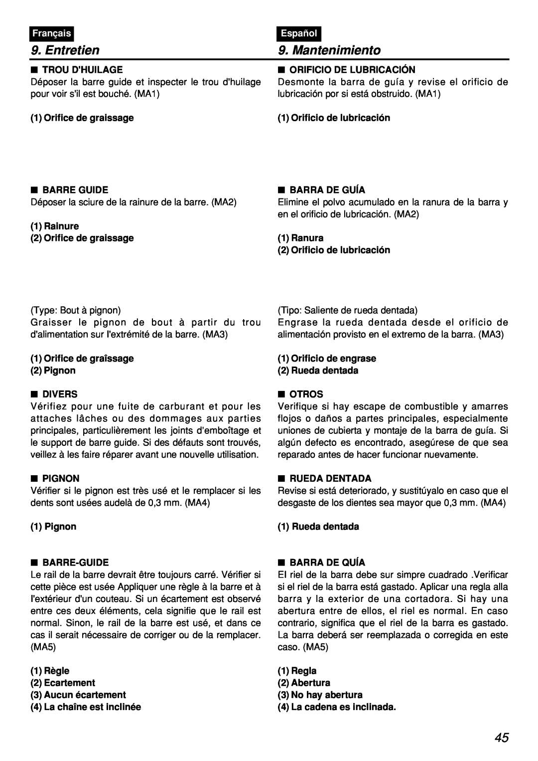 Zenoah PSZ2401, PSZ2401-CA manual Mantenimiento, Entretien, Français, Español, Trou Dhuilage, Orificio De Lubricación 
