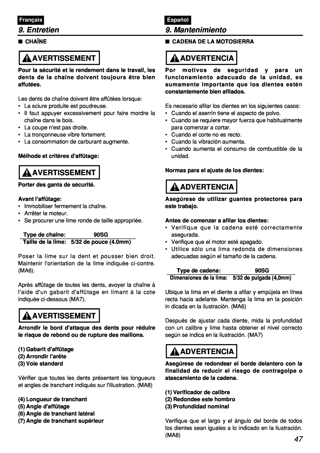 Zenoah PSZ2401, PSZ2401-CA manual Entretien, Mantenimiento, Avertissement, Advertencia, Français, Español, Chaîne 