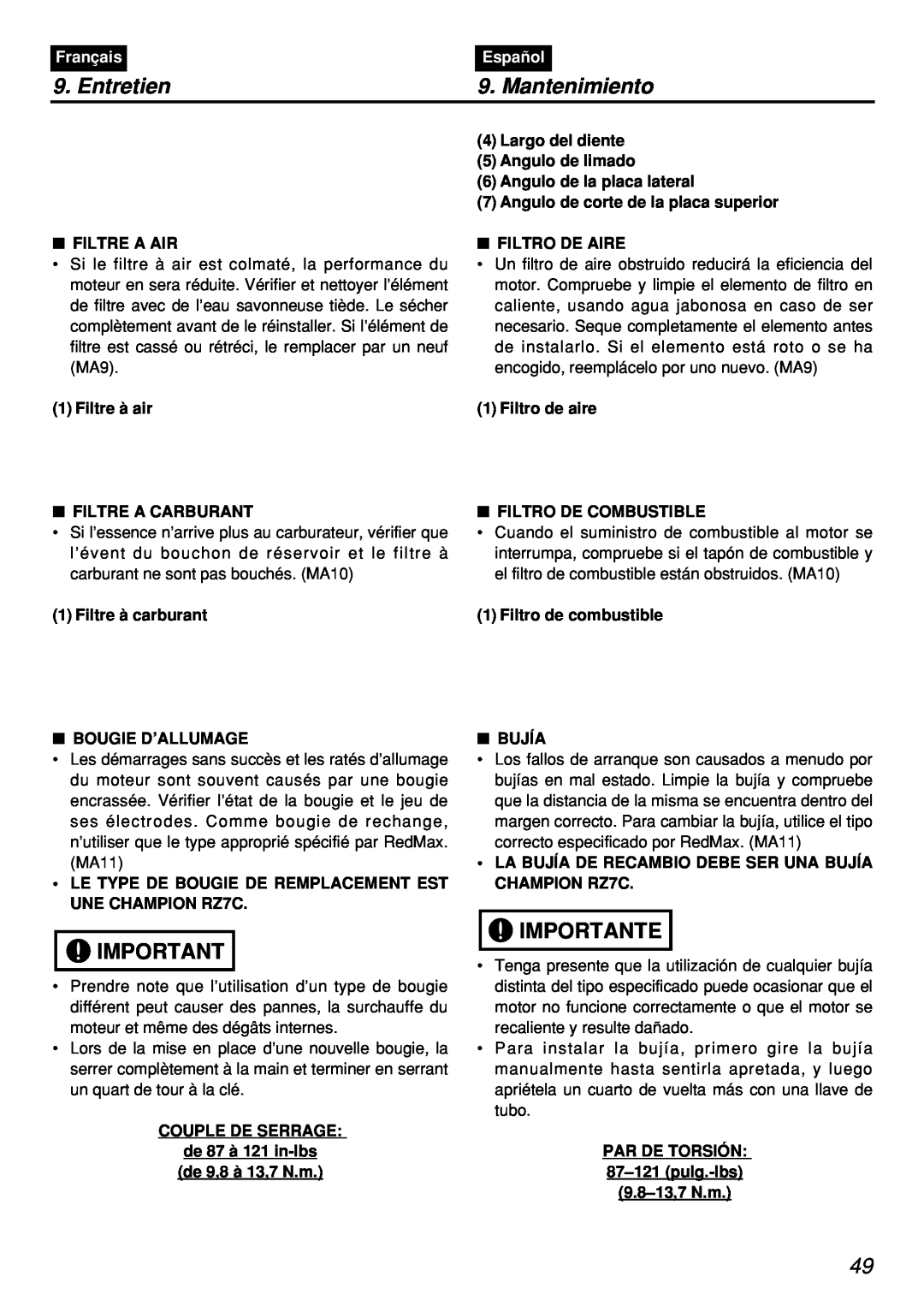 Zenoah PSZ2401, PSZ2401-CA, PSZ2401-CA, PSZ2401 manual Entretien, Mantenimiento, Importante, Français, Español 