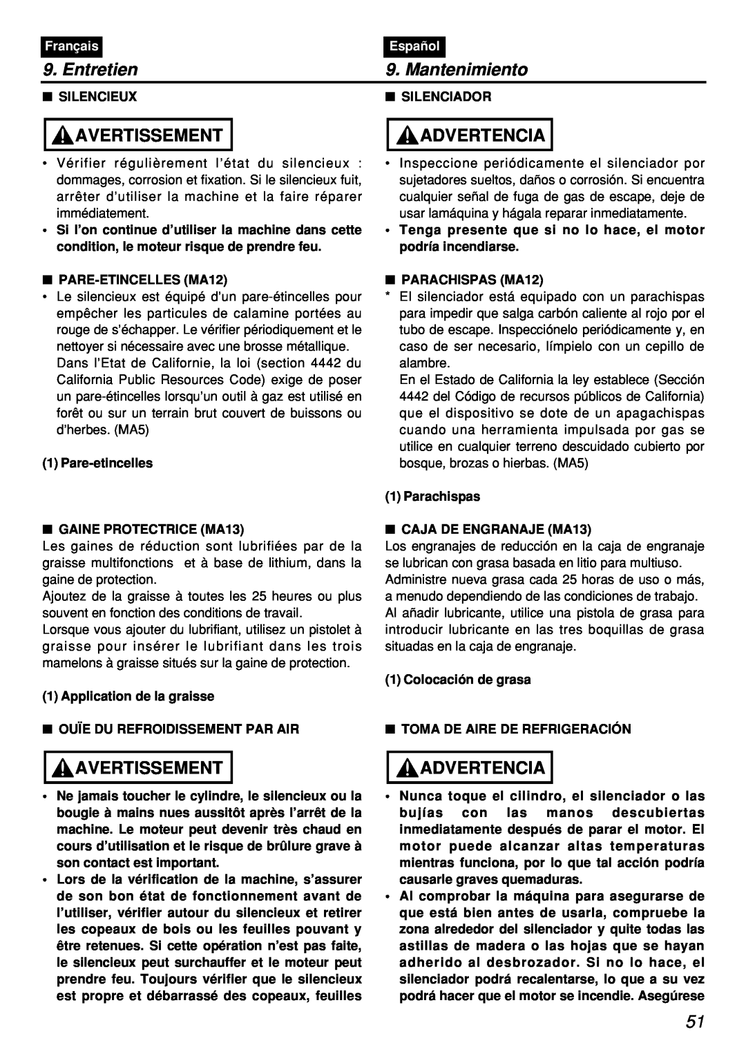 Zenoah PSZ2401, PSZ2401-CA manual Entretien, Mantenimiento, Avertissement, Advertencia, Français, Español, Silencieux 