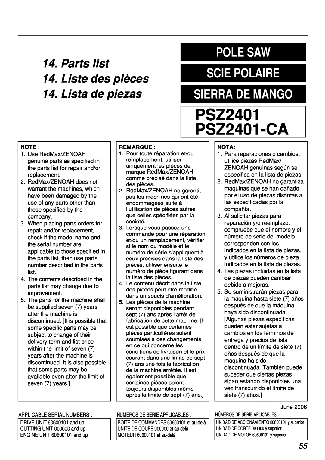 Zenoah PSZ2401, PSZ2401-CA, PSZ2401-CA, PSZ2401 manual Parts list 14.Liste des pièces, Lista de piezas, PSZ2401 PSZ2401-CA 