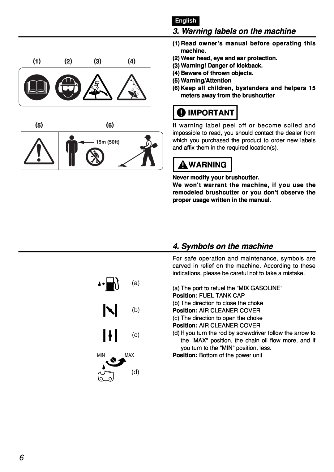 Zenoah PSZ2401-CA, PSZ2401, PSZ2401, PSZ2401-CA manual Warning labels on the machine, Symbols on the machine, English 