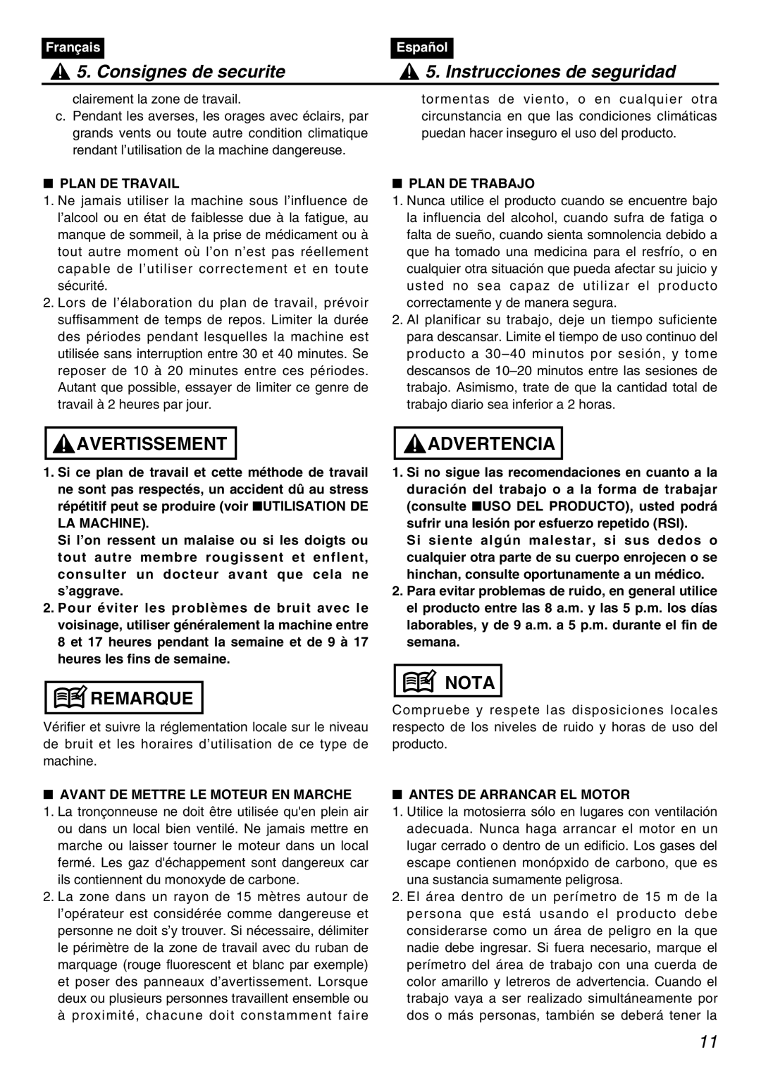 Zenoah PSZ2401 manual Plan DE Travail, Plan DE Trabajo, LA Machine, Avant DE Mettre LE Moteur EN Marche 