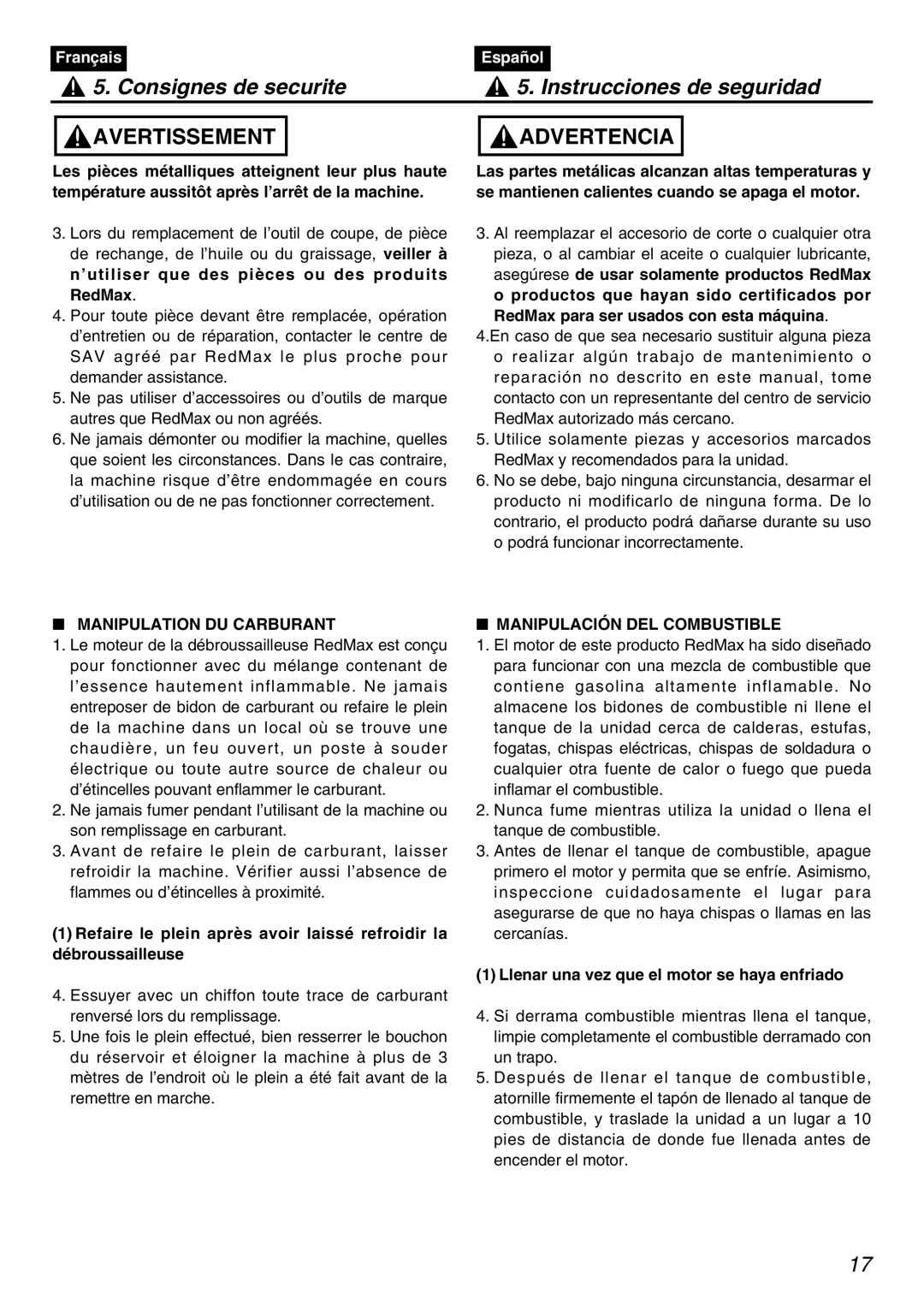 Zenoah PSZ2401 manual Manipulation DU Carburant, Manipulación DEL Combustible, Llenar una vez que el motor se haya enfriado 