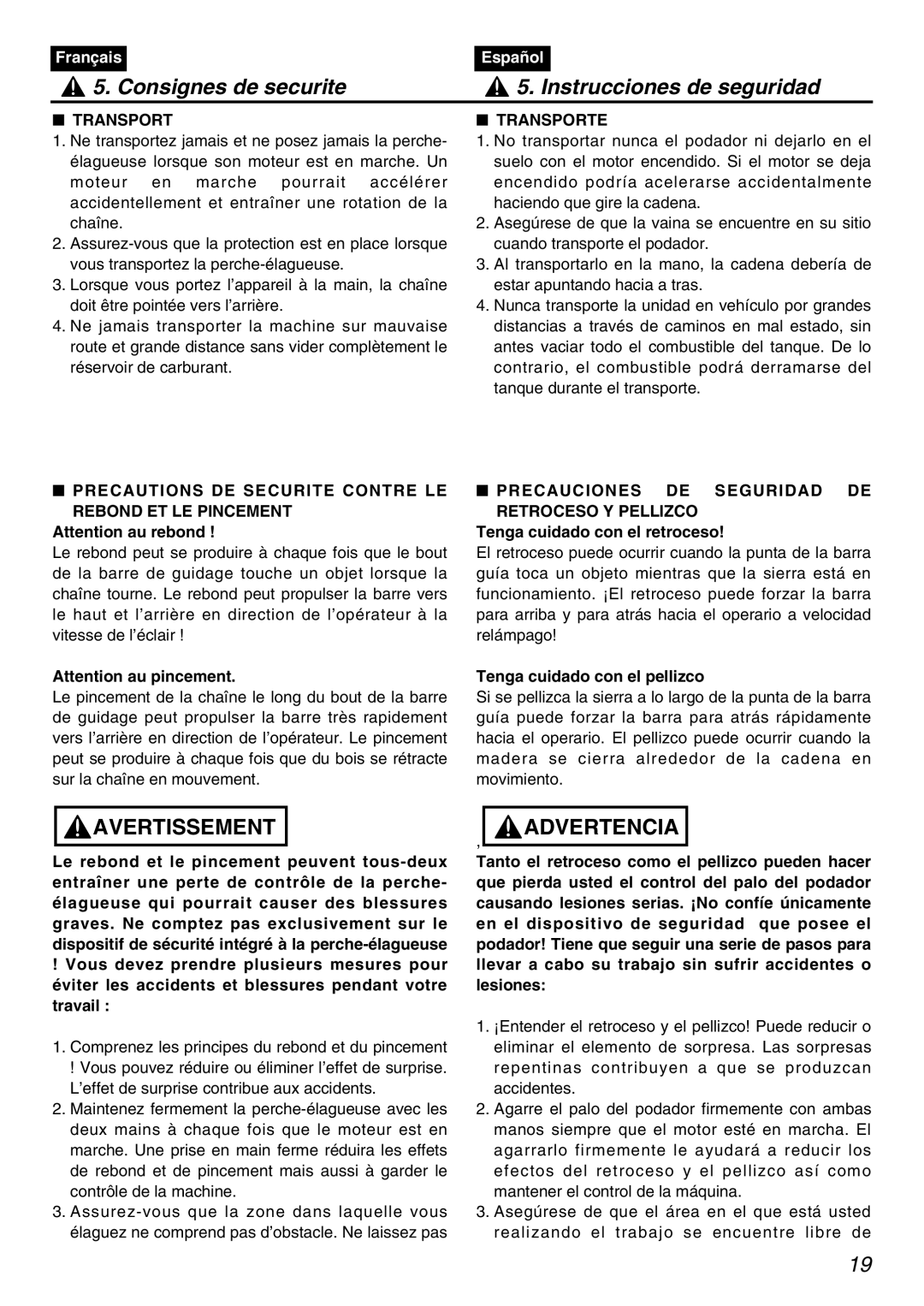 Zenoah PSZ2401 manual Precautions DE Securite Contre LE Rebond ET LE Pincement, Precauciones DE Seguridad DE 