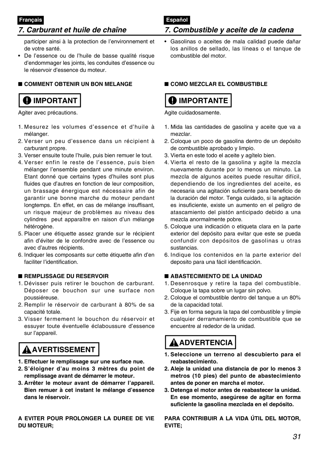 Zenoah PSZ2401 manual Comment Obtenir UN BON Melange Como Mezclar EL Combustible, Remplissage DU Reservoir 