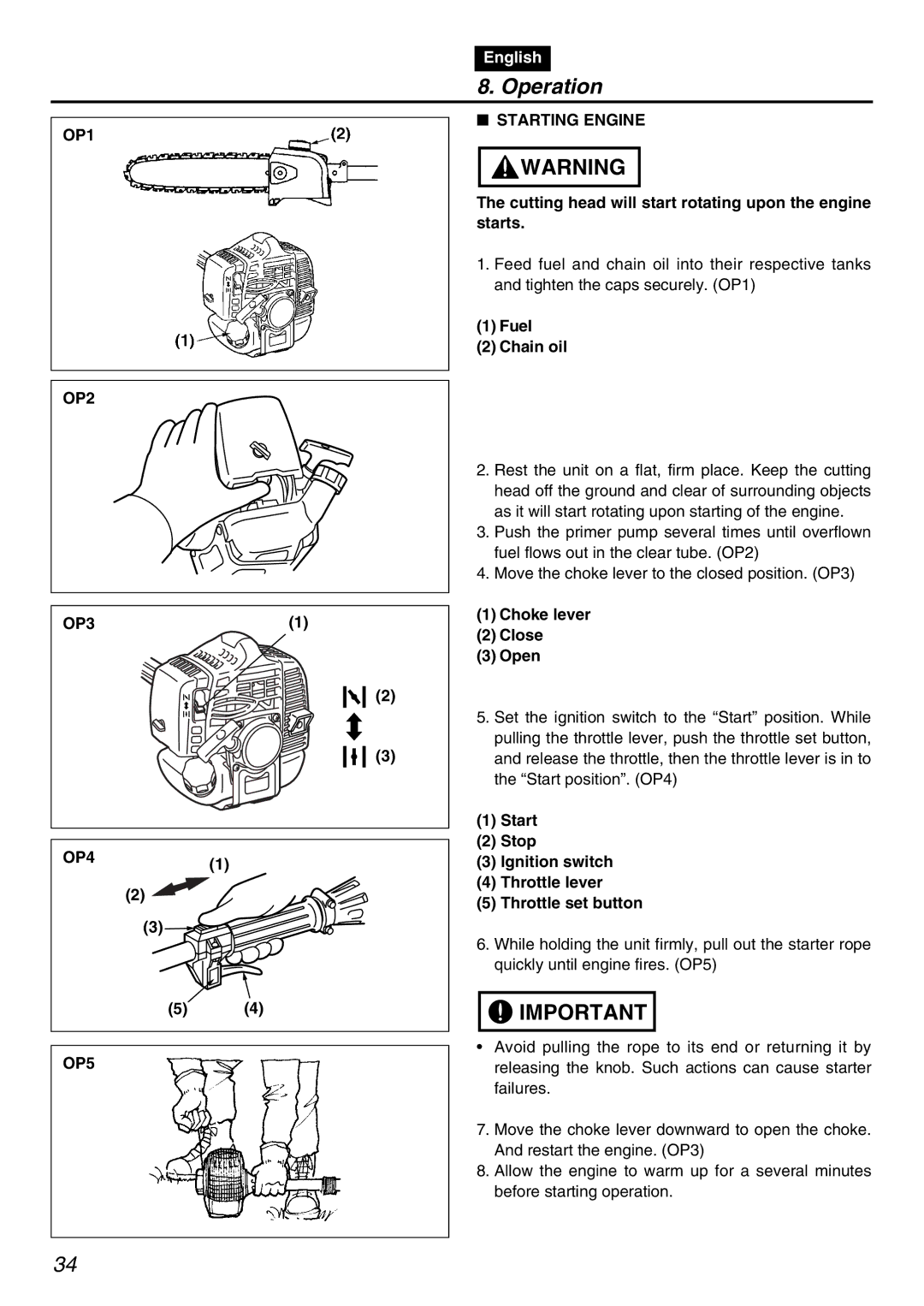 Zenoah PSZ2401 manual Operation, OP1 OP2 OP3, OP5 Starting Engine 