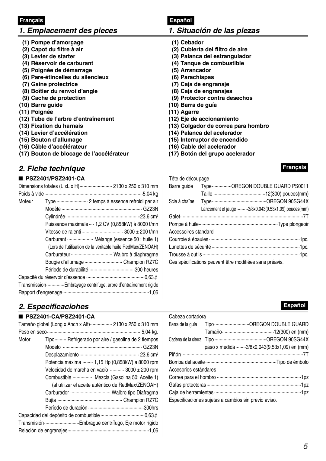 Zenoah manual Emplacement des pieces Situación de las piezas, Fiche technique, Especificaciohes, PSZ2401-CA/PSZ2401-CA 