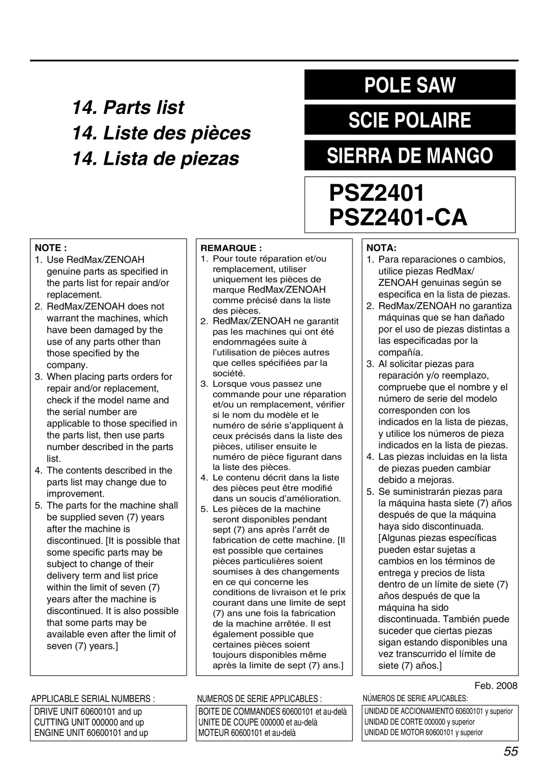 Zenoah manual PSZ2401 PSZ2401-CA, Nota 