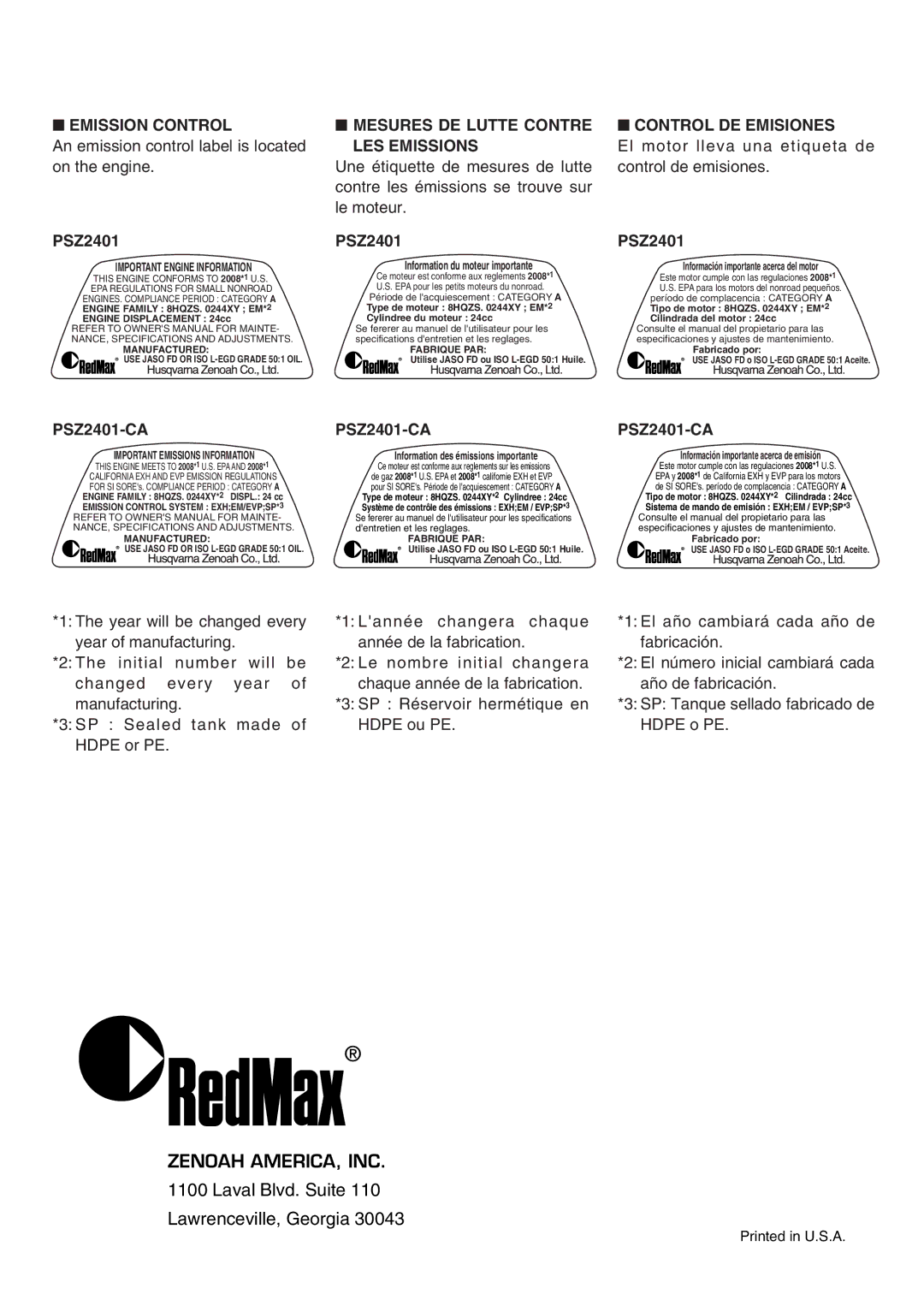 Zenoah manual Emission Control, Mesures DE Lutte Contre Control DE Emisiones LES Emissions, PSZ2401-CA 