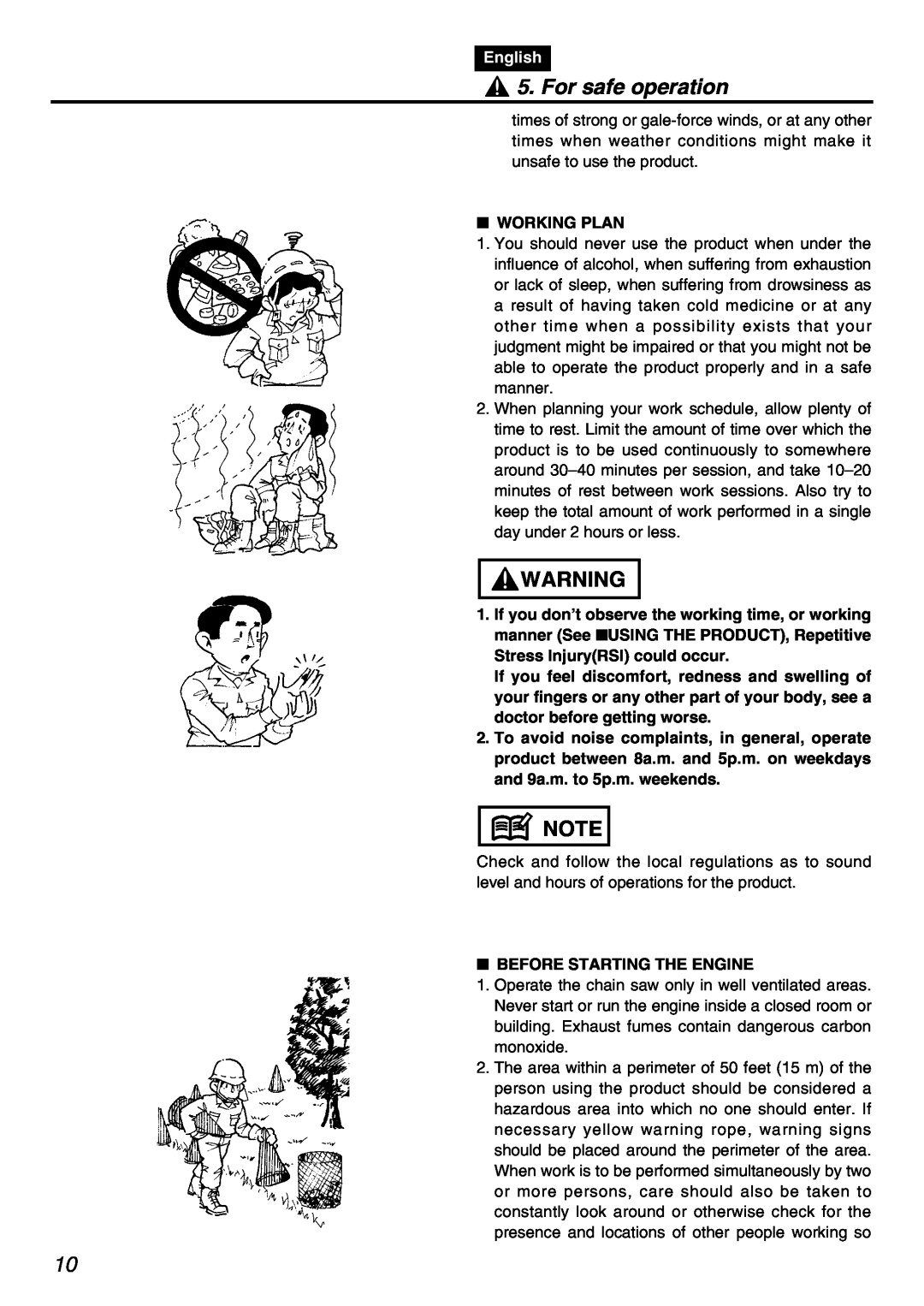 Zenoah PSZ2401 manual For safe operation, English, Working Plan, Stress InjuryRSI could occur, Before Starting The Engine 