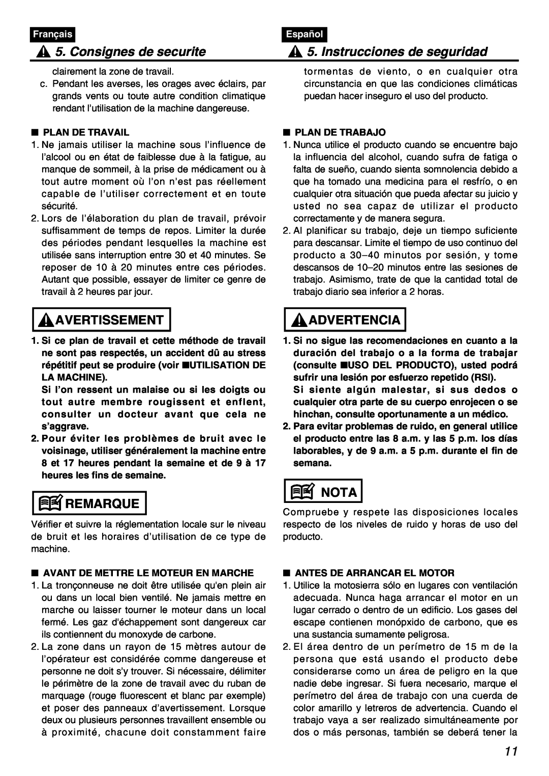 Zenoah PSZ2401 Consignes de securite, Instrucciones de seguridad, Avertissement, Remarque, Advertencia, Nota, Français 