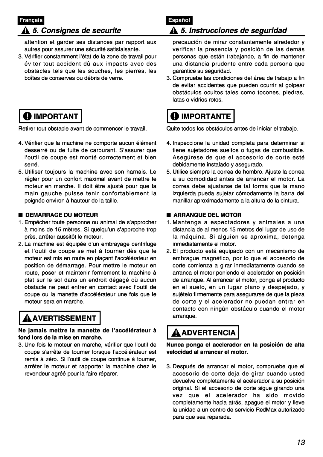 Zenoah PSZ2401 manual Consignes de securite, Instrucciones de seguridad, Avertissement, Importante, Advertencia, Français 