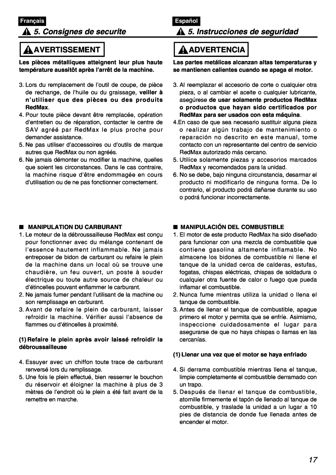 Zenoah PSZ2401 manual Consignes de securite, Instrucciones de seguridad, Avertissement, Advertencia, Français, Español 